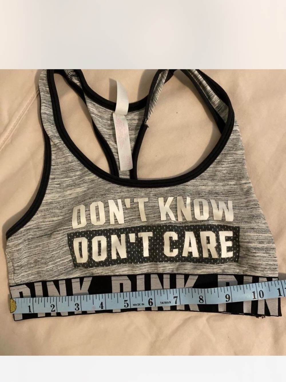 PINK Victoria's Secret Grey Logo Racerback Sports Bra - Don't Know Don't Care